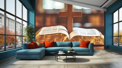 Old, worn bible resting on a blue pew in church Wall mural