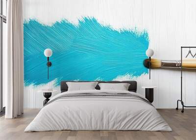 Paintbrush creating a bright blue stroke on white wood Wall mural