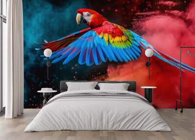 Parrot flying over colored powder explosion Wall mural