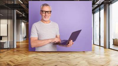 Photo of cheerful senior man use laptop representative expert eyewear isolated over violet color background Wall mural