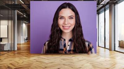 Photo of pretty cheerful young girl confident happy positive smile isolated over violet color background Wall mural