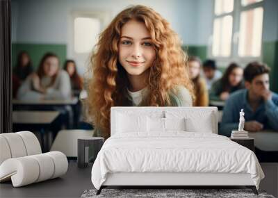 Photography generative AI concept of lovely girl high school student sitting at the table in classroom during lecture Wall mural