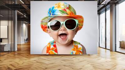 photography of adorable beautiful positive baby wearing colorful stylish panama and summer glasses h Wall mural