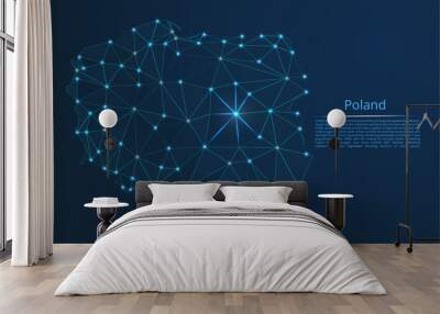 Poland communication network map. Vector low poly image of a global map with lights in the form of cities in or population density consisting of points and shapes in the form of stars and space. Wall mural