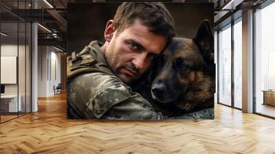 Portrait of a professional soldier in military uniform hugging dog generative AI Wall mural