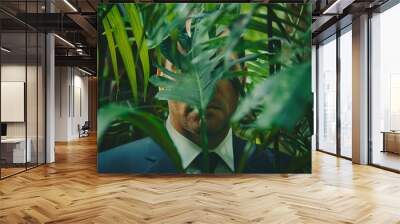 Portrait of an attractive man wearing suit standing outdoors created with generative AI Wall mural