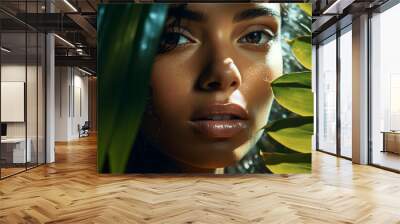 Portrait of tender happy young woman with natural makeup and healthy skin in tropical rain forest created with generative AI Wall mural