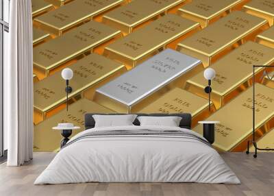 Rows of gold bars and one silver among them. 3d illustration Wall mural