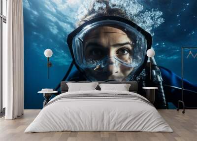 Scuba diver person swimming in the under water sea created with generative Ai technology Wall mural