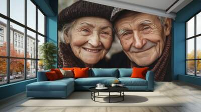 Seniour couple. Old loving couple smiling warmly. Elderly woman and man, life partners, representing love and happiness in the golden years. Family, relationships and aging gracefully Wall mural