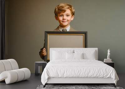 Smiling boy holding empty picture frame against textured background Wall mural