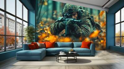 Soldier aiming with sniper rifle in autumn forest Wall mural