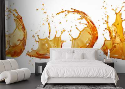 Splash of juice or yellow water isolated on transparent background. Realistic set of liquid waves of falling and flowing beer, orange, mango or lemon juice, oil, soda or honey Wall mural