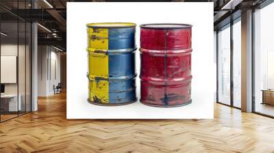 Steel drums for transporting petrol and storing on white background petroleum chemical for fuel industry power crude oil concept with petrol sign Wall mural