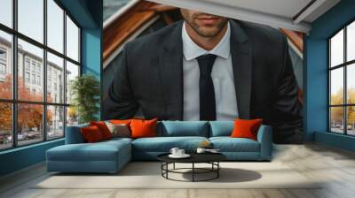 Successful business person man woman dressed luxury formal suit traveling corporate trip, Generative AI Wall mural