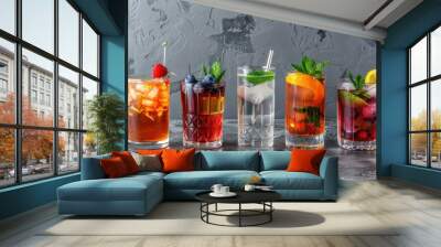 Summer cocktails include negroni blueberry mojito screwdriver hurricane and french mule on gray bar counter Wall mural