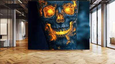 Tattoo artist showing glowing skull tattoo on man's arm Wall mural