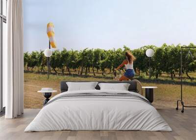 the landscape with vineyard and yellow and white weather vane and girl on the bike Wall mural