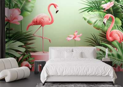 Tropical scene with flamingos, palm leaves, flowers and pink podiums, on a green background, perfect for summer or product display, vibrant greenery and vibrant flowers. Wall mural