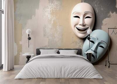 Two artistic masks display contrasting emotions against a textured wall backdrop Wall mural