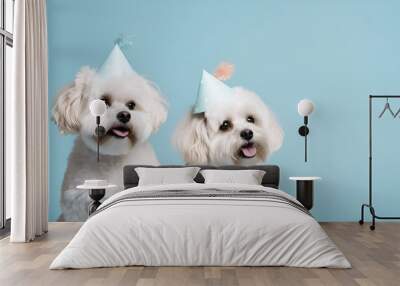 Two cute white Maltese puppies in birthday cap celebrating a birthday, sitting on a blue studio background with copy space. happy birthday card with pets. Generative AI Wall mural