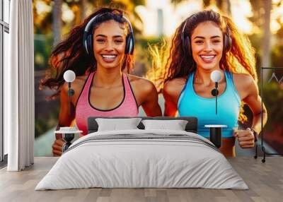 Two young women running and smiling outdoors wearing headphones Wall mural