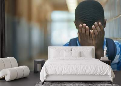 Upset African American teenage boy covering his face with his hands while standing alone in a school hallway with copy space. Learning difficulties, emotions, bullying at school Wall mural