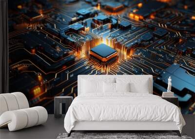 Wallpaper, abstract background, a electronic and computer circuit board, in the style of dark cyan and orange Wall mural