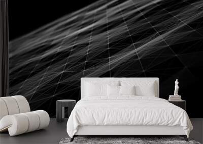 Wave of digital particles on a black background. Abstract interlacing lines and points. Digital connection of elements. Simulation of the movement of small particles. 3D rendering. Wall mural