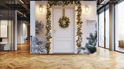 White front door decorated with christmas lights and garland at night Wall mural