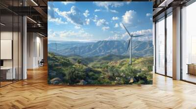 Wind turbines on top of a mountain, against the backdrop of a beautiful landscape. Alternative energy source. 3D rendering Wall mural