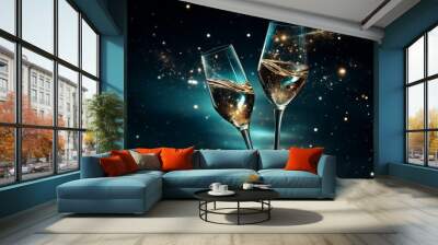 Wine glasses champagne toast with space galaxy background, amazing night starry background, dark turquoise and light gold, swirling vortexes Wall mural