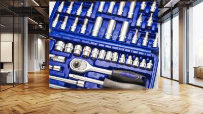 automotive tool kit chrome vanadium in a blue case on a white background Wall mural