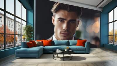 A close-up portrait of a young man with stylish hair and a confident expression, dressed in a suit and tie. The background is softly blurred with warm bokeh lights, creating a sophisticated atmosphere Wall mural