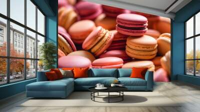 A close-up view of a large assortment of colorful macarons in various pastel shades, including pink, green, and orange, arranged in a visually appealing manner. Wall mural