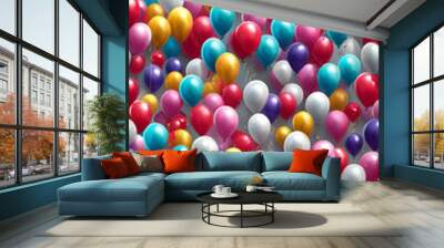 A vibrant and colorful collection of helium balloons in various colors including red, blue, yellow, purple, and white, floating against a plain background. Wall mural