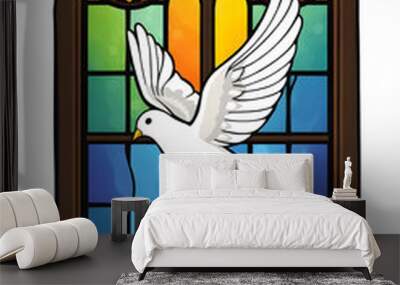 A white dove flying in front of a colorful stained glass window. The window is colorful, geometric patterns in shades. Wall mural