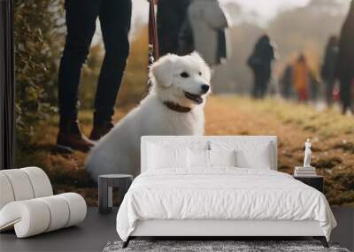 A white fluffy dog on a leash sits on a bed of autumn leaves in a park, with people walking in the background. International Dog Day. Wall mural