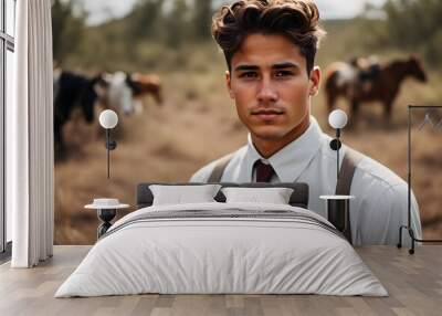 A young man with styled hair, wearing a light-colored shirt and a tie, stands confidently in a natural setting. In the background, several horses are grazing in a blurred landscape. Wall mural