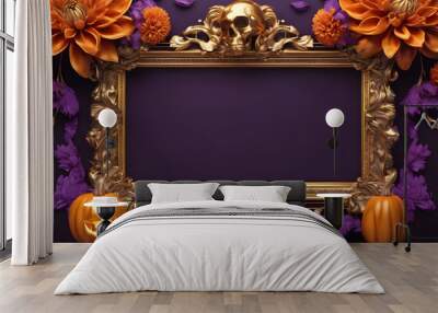 An ornate golden picture frame adorned with vibrant flowers, including orange and purple dahlias, set against a rich purple background. Wall mural