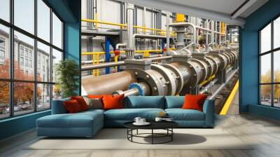 Industry pipeline transport gas and oil processing. Industrial facility with large metallic pipes, showcasing a complex network of machinery and equipment for processing or manufacturing. Wall mural