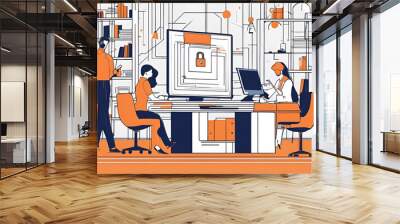 Modern office interior with employees working on computers, cybersecurity concept illustration. Wall mural