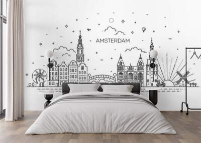 Amsterdam travel landmark of historical building thin line icon Wall mural