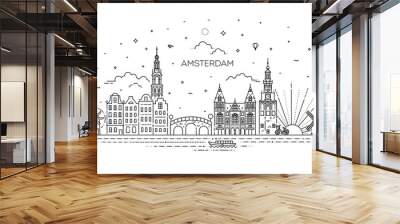 Amsterdam travel landmark of historical building thin line icon Wall mural