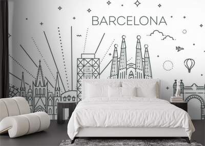 Banner of Barcelona city skyline in flat line trendy style. Barcelona city line art Wall mural