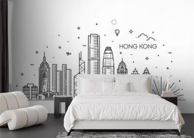 Hong Kong skyline, vector illustration in linear style Wall mural