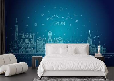 Lyon skyline with panorama in white background Wall mural