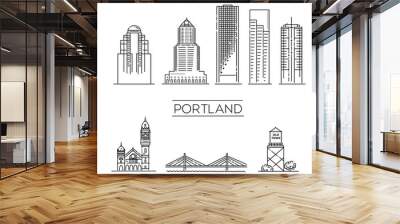 Portland architecture line skyline illustration. Linear vector cityscape with famous landmarks Wall mural