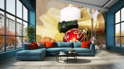 Bottle of champagne and Christmas decorations Wall mural