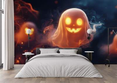 Cartoon ghosts on blue background Wall mural